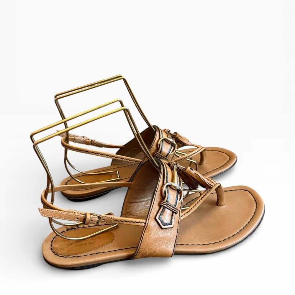 Gucci Brown Leather Tassel Horsebit Thong Flat Sandals EU 37 US 7 - Picture 11 of 16